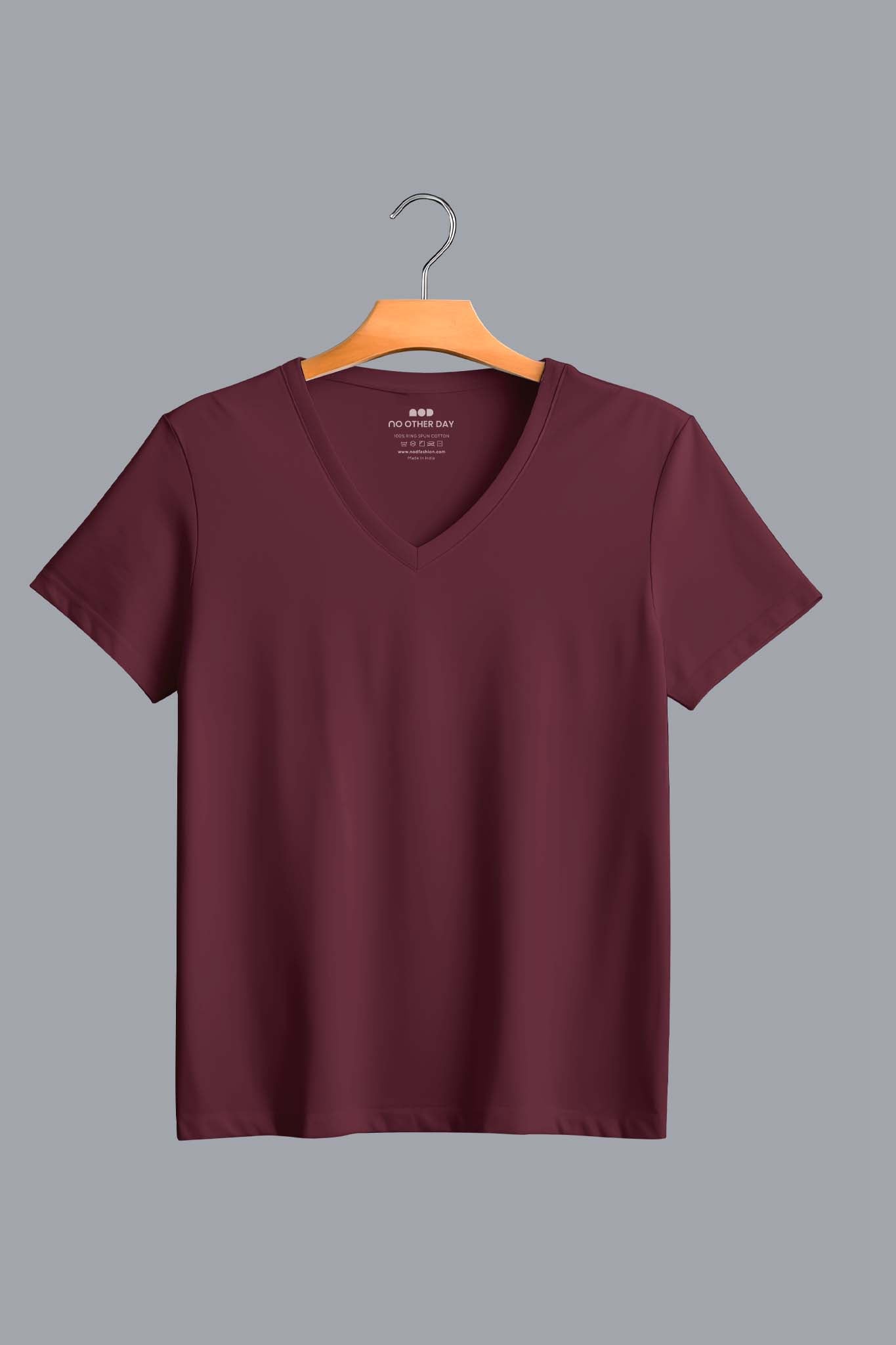 Men's Maroon Wine V Neck T-shirt 005