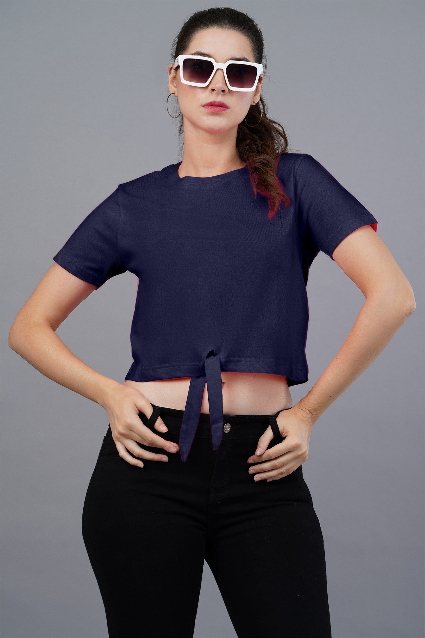 Women's Navy Blue Regal Knot Crop Top 004